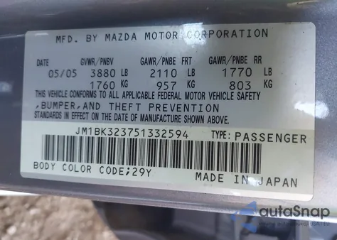 2005 Mazda Mazda3 S из США, поврежденный, VIN JM1BK323751332594